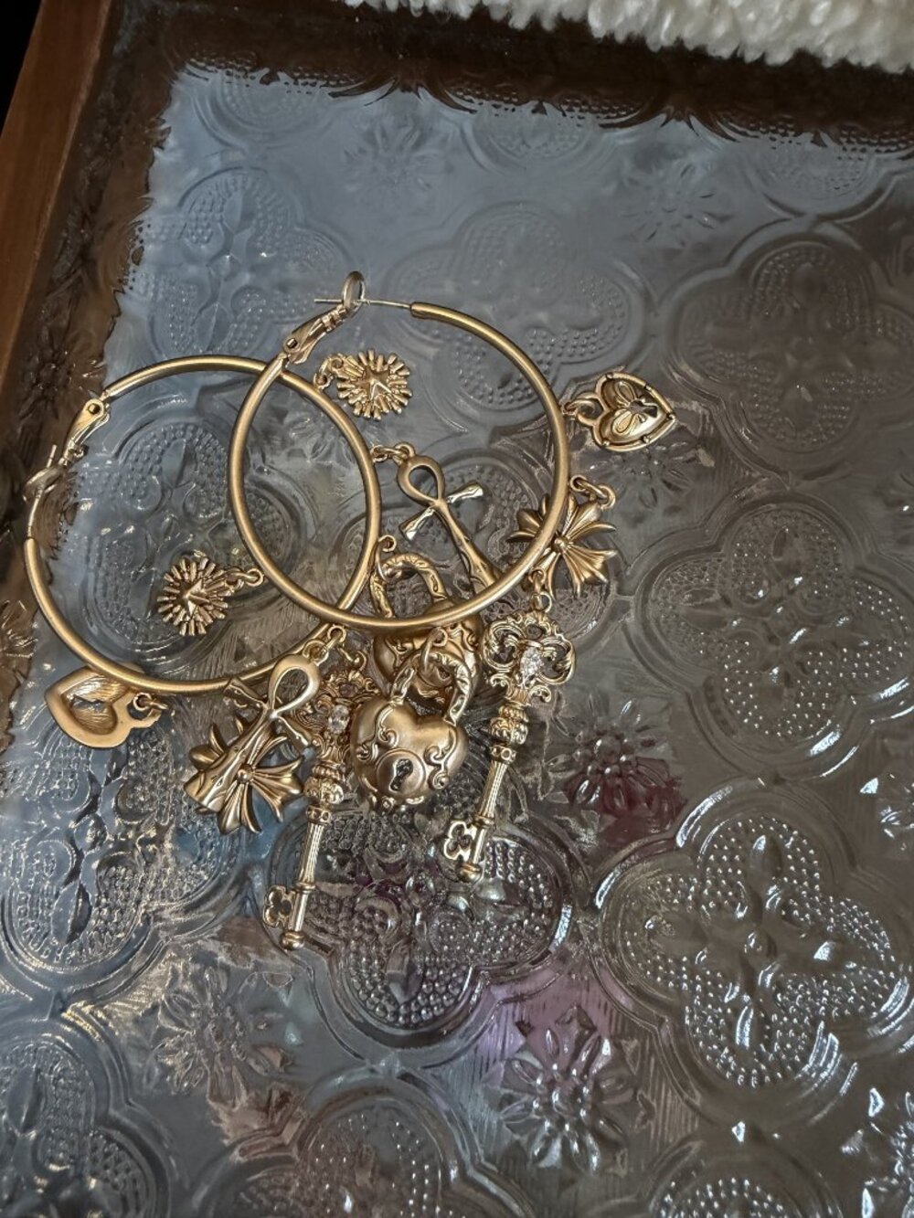 NWOT Gold Charm Hoop Earrings Keys Hearts Crosses - Matching Set Available